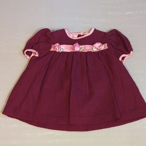 Vintage Baby Dress Waffle Knit Maroon Flowers Size 12M‎